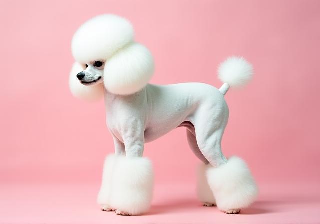 A Poodle with a perfectly sculptured breed-standard cut