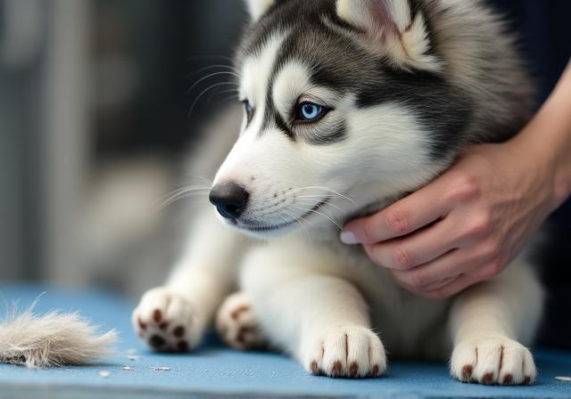 Specialized grooming tool removing loose undercoat from a Husky