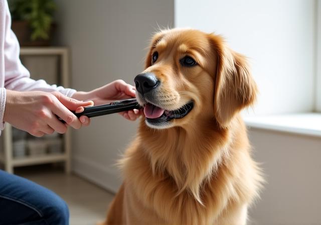 Golden Retriever receiving a gentle brushing at home