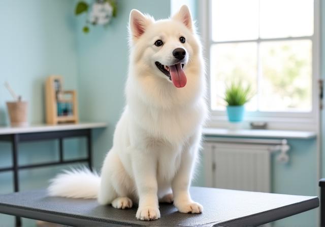Happy groomed dog on a table