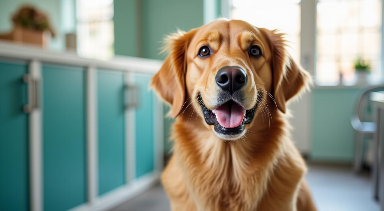 A happy, clean Golden Retriever after a de-shedding treatment