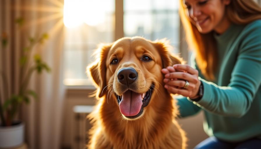 A happy Golden Retriever being gently brushed by its owner in a sunlit living room