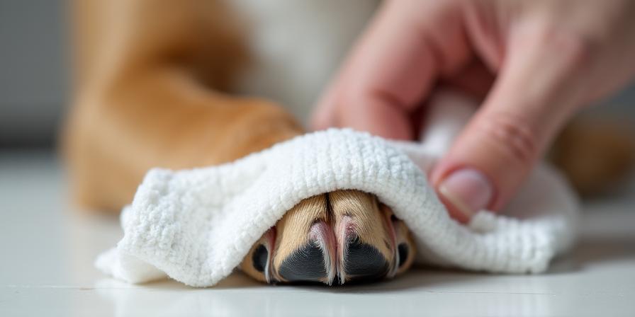 Close up of a clean dog paw being gently wiped with a soft towel