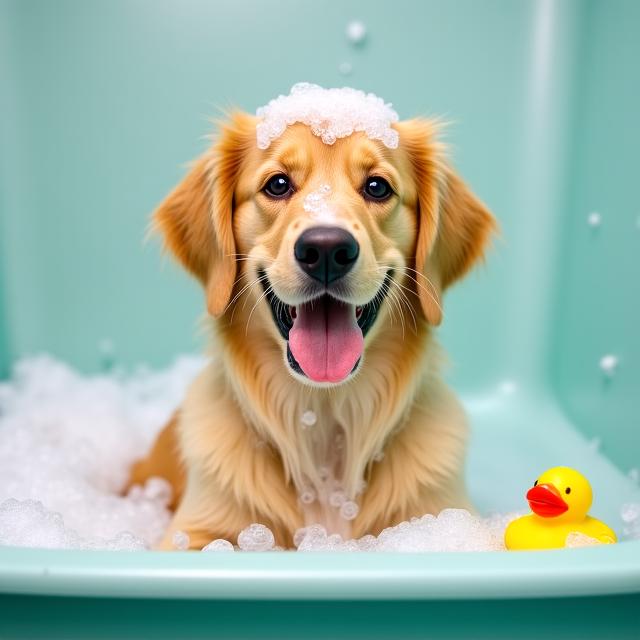 Golden Retriever enjoying a relaxing bath with bubbles