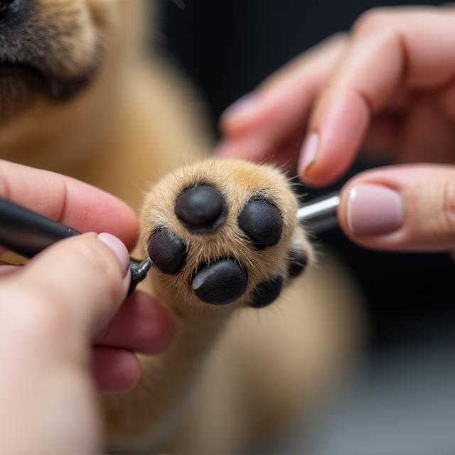 French Bulldog receiving a paw treatment and nail trim