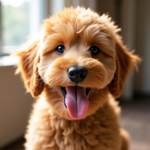 Goldendoodle with a fluffy teddy bear cut