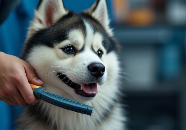 Dog being brushed during de-shedding spa