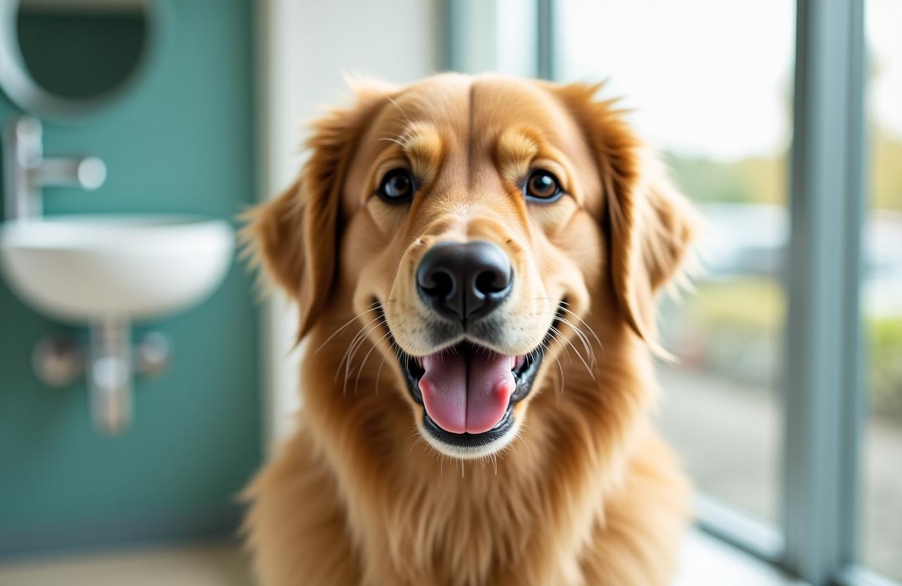 Happy groomed Golden Retriever in a spa setting