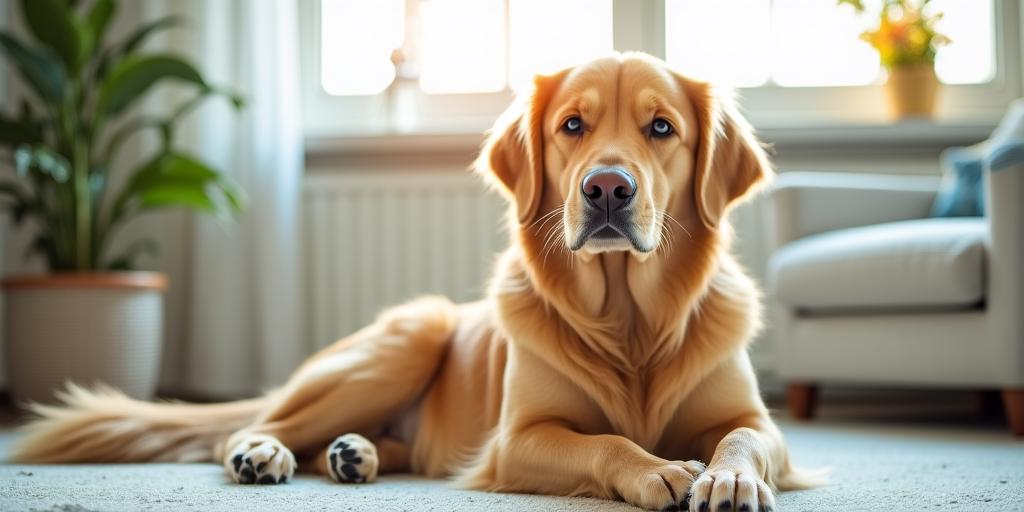 A happy golden retriever sitting peacefully, representing trust and security